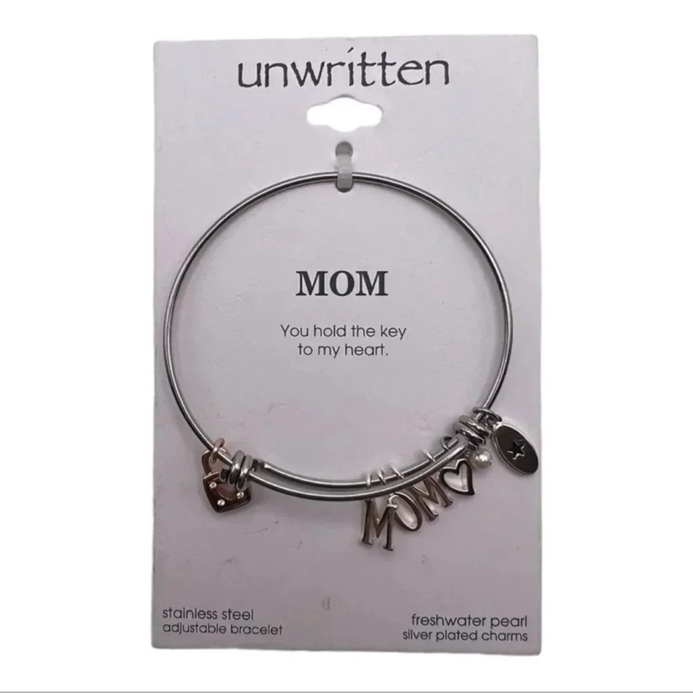 Mom Adjustable Bangle Bracelet Stainless Steel w/ Silver Plated Charms - Picture 2 of 3